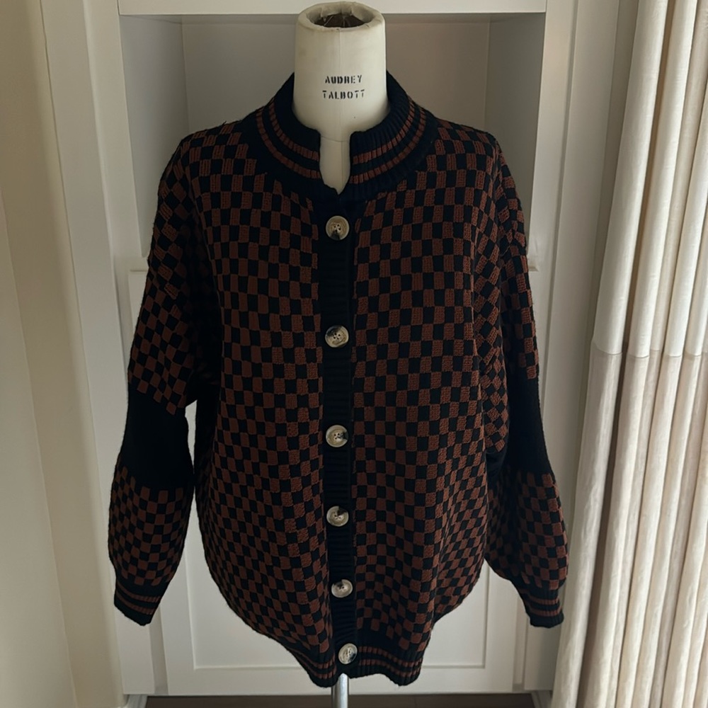 Dressed in LALA Black and Brown Checkerboard Button Cardigan